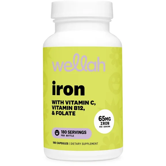 Wellah Iron Supplement for Women (65mg) 180 Capsules - with Vitamin C, Vitamin B12, & Folate