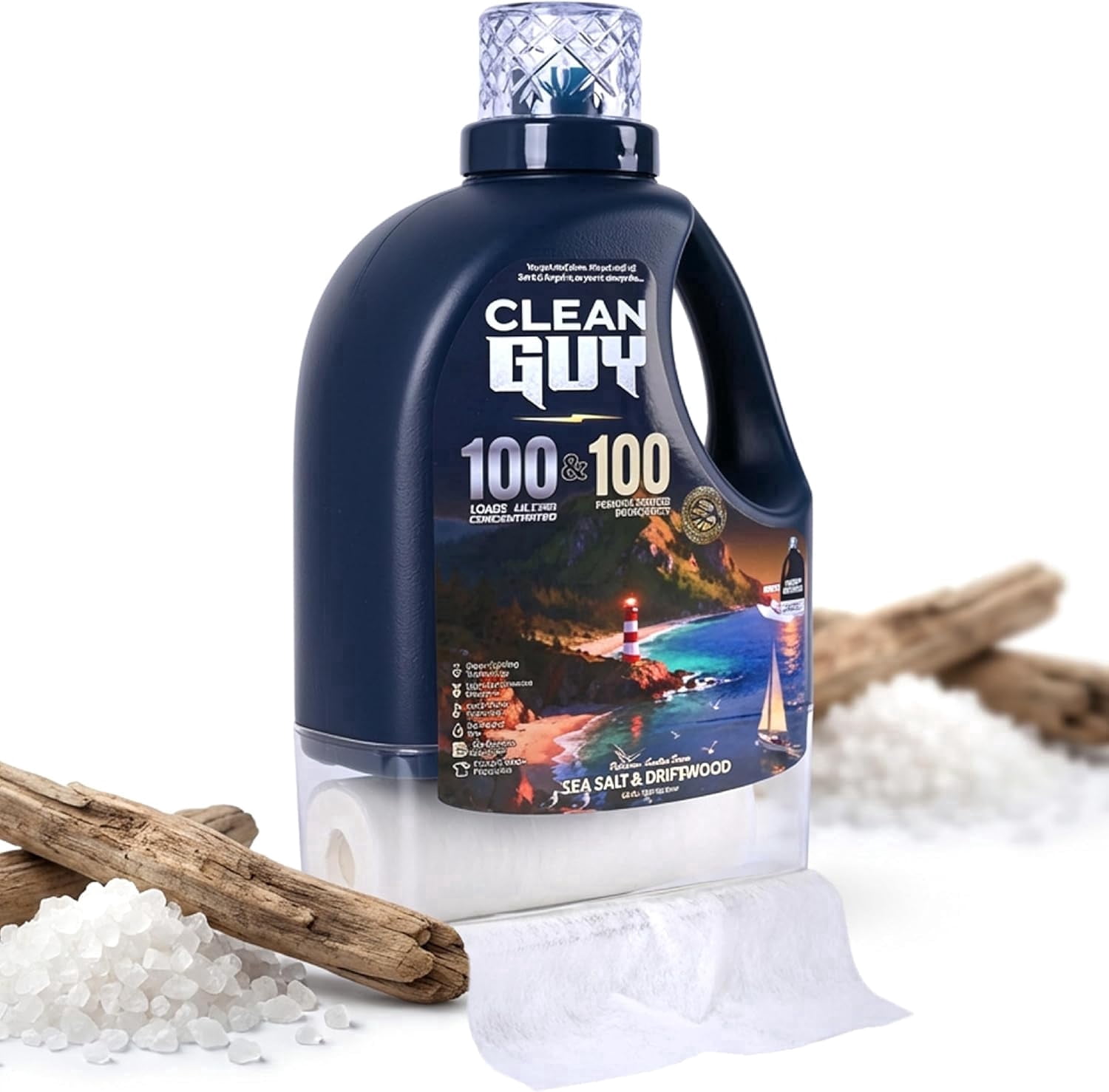Clean Guy Laundry Detergent with Dryer Sheets , Ocean Fresh Scent, Deep Clean Formula, Softens & Freshens Clothes, Long-Lasting Freshness -Sea salt & Driftwood (100 Loads PLUS 100 Dryer Sheets)
