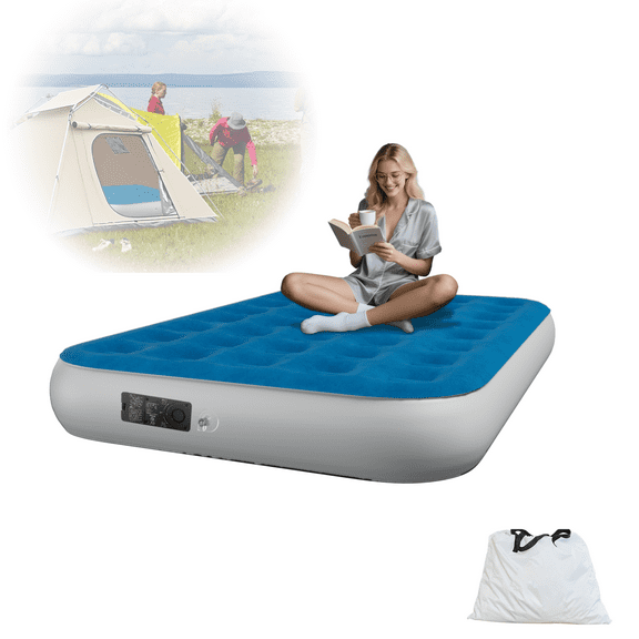 Full 10" Top Flocking Air Mattress with Built-in Pump Raised Comfort,Fast Inflation/Deflation Foldable Portable Air Bed with Storage Bag for Home,Camping,Guests Blue