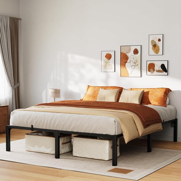 Full 16-Inch Heavy Duty Metal Platform Bed Frame with Durable Iron Slat Support and Strong Legs, No Box Spring Needed, No Screws Needed, 800 LBS Capacity, Black