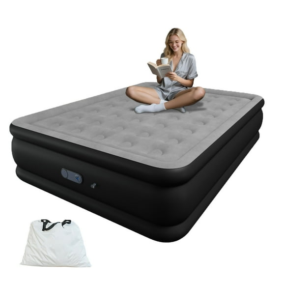 Full 18" Top Flocking Air Mattress with Built-in Pump Raised Comfort,Fast Inflation/Deflation Foldable Portable Air Bed with Storage Bag for Home,Camping,Guests Grey
