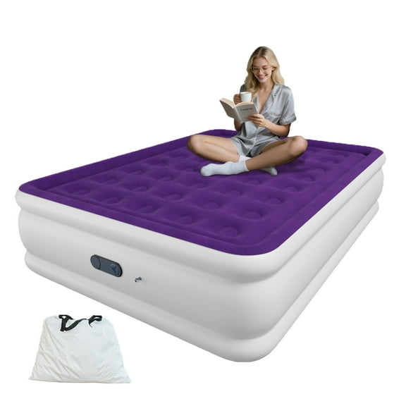 Full 18" Top Flocking Air Mattress with Built-in Pump Raised Comfort,Fast Inflation/Deflation Foldable Portable Air Bed with Storage Bag for Home,Camping,Guests Purple
