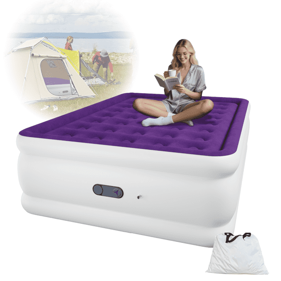 Full 22" Top Flocking Air Mattress with Built-in Pump Raised Comfort,Fast Inflation/Deflation Foldable Portable Air Bed with Storage Bag for Home,Camping,Guests Purple