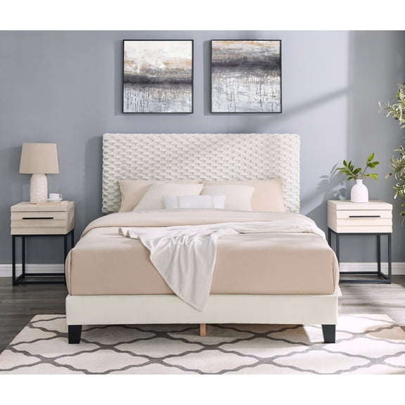 Full 3-Piece Bedroom Furniture Set | White Dove Upholstered Bed for Bedroom Ambiance | Built with Sturdy MDF and Rubberwood | Resolves Bedroom Storage and Style Concerns