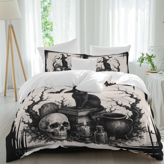 Full 4 Piece Bedding Set Halloween Scary Skull Black Cat Soft Breathable Duvet Cover with Pillow Shams, Dead Trees Bats Book Duvet Cover Set Bed Sheets for Bedroom Dormitory Guest Room