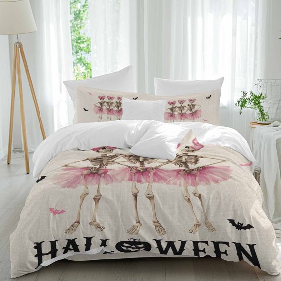Full 4 Piece Bedding Set Vintage Ballet Skirt Skull Soft Breathable Duvet Cover with Pillow Shams, Halloween Words on Linen Duvet Cover Set Bed Sheets for Bedroom Dormitory Guest Room
