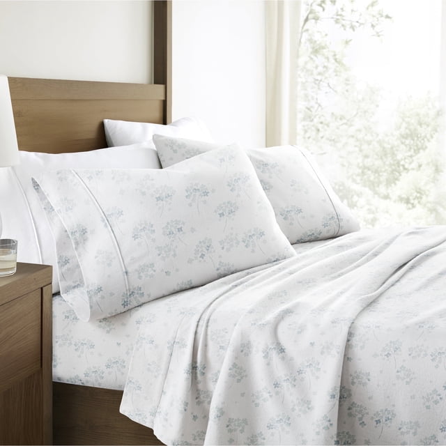100% Cotton Flannel Bed Sheets Set for Full Size Bedding in Flower Bunch Light Blue by Comfort Canopy
