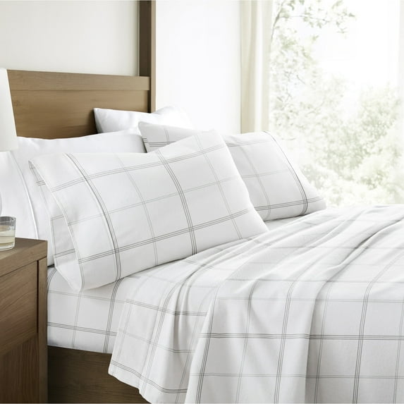 100% Cotton Flannel Bed Sheets Set for Full Size Bedding in Checkered Gray by Comfort Canopy