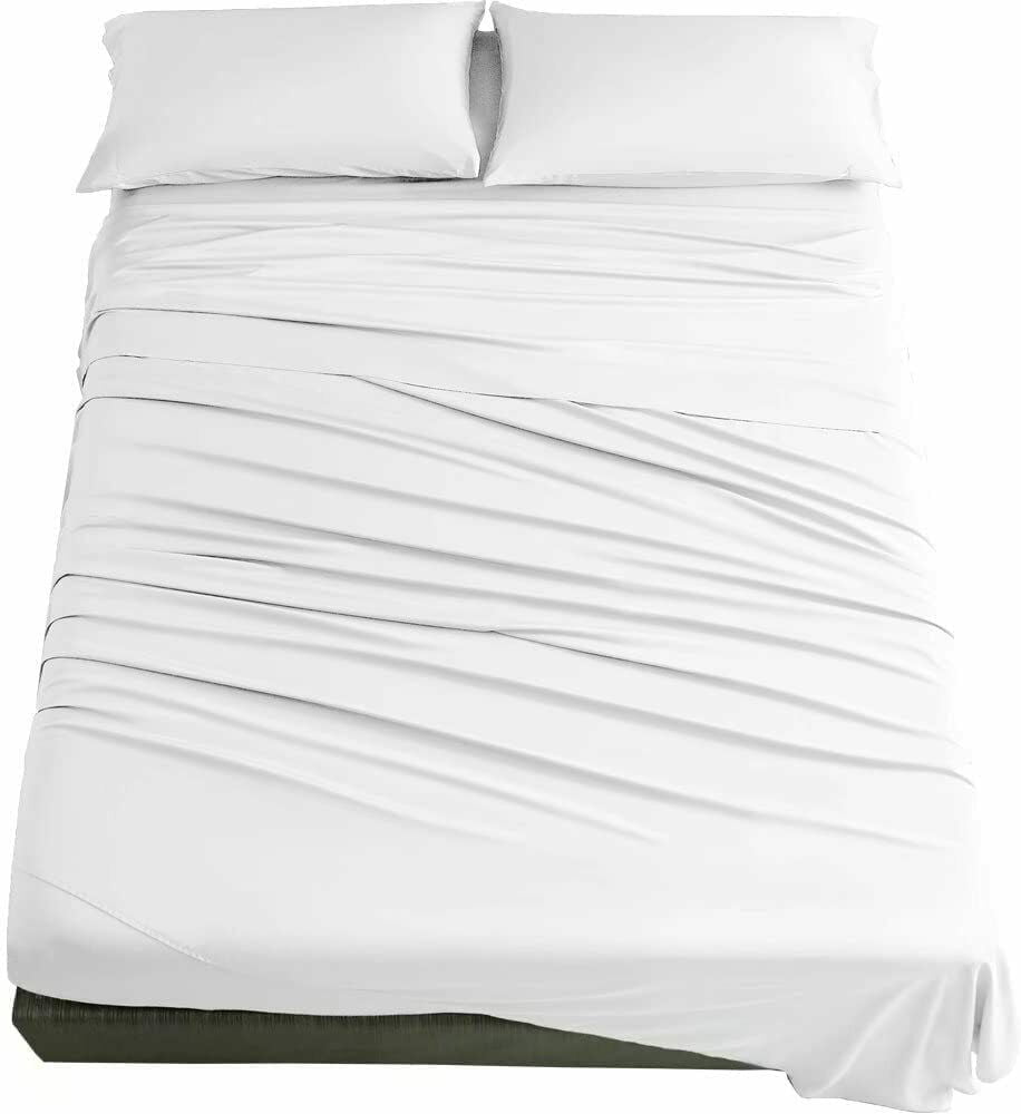 Full 4 piece bed Sheet Set bamboo 100% cotton rayon super soft silky deep pocket For bedroom Hotel Flat Sheet + Fitted Sheet with Deep Pocket + 2 Pillowcase White Color 310