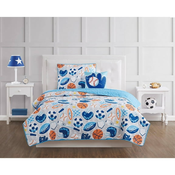 Full 4pc All Star Reversible Kids' Quilt Set Gray: Boys Sports Bedding, Microfiber, Includes Pillow & Shams