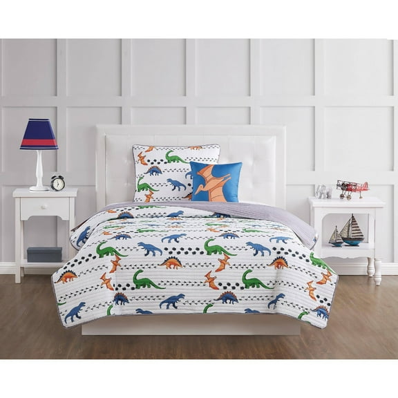 Full 4pc Dino Tracks Reversible Kids' Quilt Set White