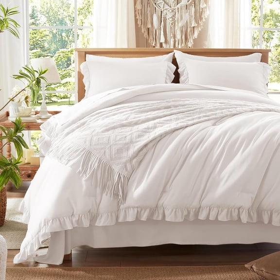 Full 7 Piece Comforter Set Beige Bed in a Bag All Season Shabby Chic Pom Pom Fringe Sheets