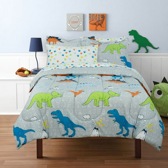 Full 7-Piece Comforter Set, Kidz Mix Dinosaur Volcano Walk Super Soft, Breathable, Bed in a Bag with Reversible Comforter