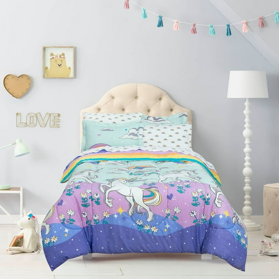 Full 7-Piece Comforter Set, Kidz Mix Magical Unicorn Super Soft Bed In A Bag With Reversible Rainbow Comforter