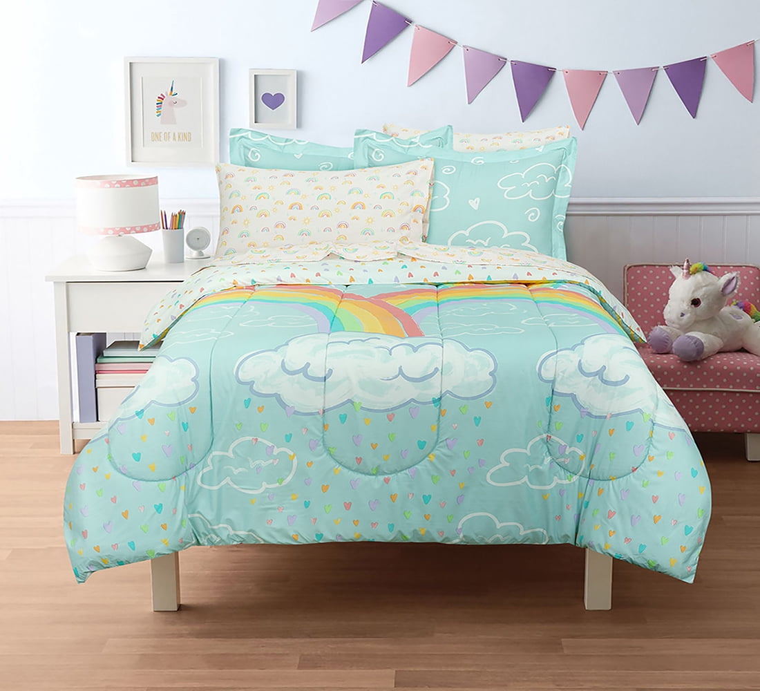 Full 7-Piece Comforter Set, Kidz Mix Rainbow Clouds Super Soft Bed in a Bag with Reversible Comforter and Sheet Set