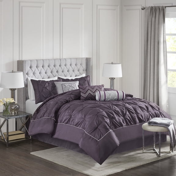 Full 7 Piece Tufted Comforter Set, Plum Pinch Pleat Bedding with Complete Bed Ensemble