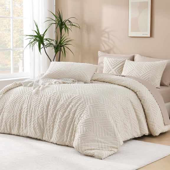 Full (79"x90") 01 - Beige 3 Piece Chevron Tufted Boho Bedding Comforter Set