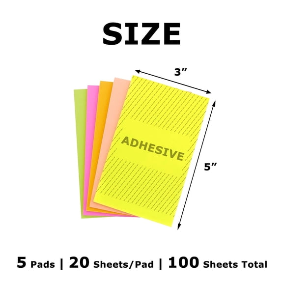 Full Adhesive Sticky Notes 5 Pads 3 x 5 in Bright Colors 100 Sheets Total