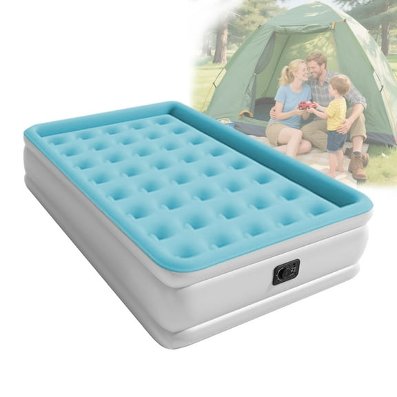 Full Air Mattress with Built-in Pump 18" Top Flocking,Raised Comfort,Fast Inflation/Deflation Foldable Portable Air Bed with Storage Bag for Home,Camping,Guests Light Blue