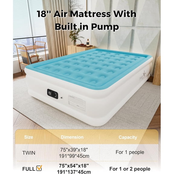Full Air Mattress with Built-in Pump, Single Air Bed with Portable Storage Bag, Suitable for Home and Guests, Top Flocking, 18" Full Sky Blue