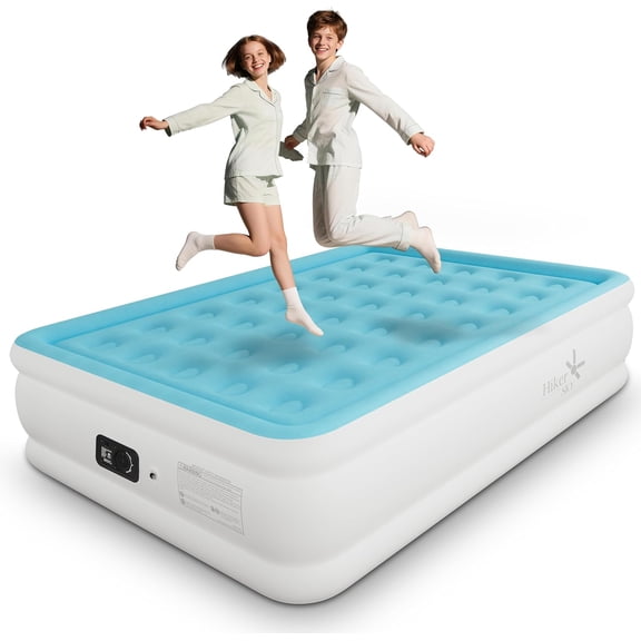 Full Air Mattress with Built-in Pump, Single Bed Portable Storage Bag, Suitable for Home and Guests, Top Flocking, 18" Sky Blue