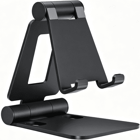 FAISID Full Aluminum Dual Folding Cell Phone Stand for Desk, Height Angle Adjustable, Portable, Anti-Slip Base Phone Holder, Fits 18mm Thick Case Smartphone, Nintendo Switch Desk Essential Accessory, Black