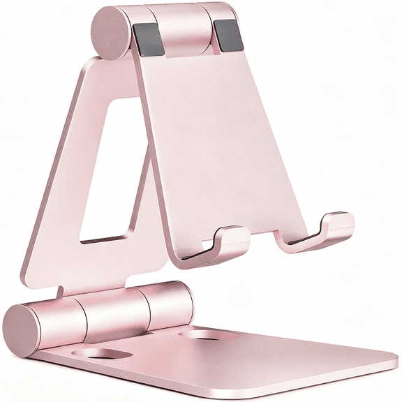 Full Aluminum Dual Folding Cell Phone Stand for Desk, Height Angle Adjustable, Portable, Anti-Slip Base Phone Holder, Fits 18mm Thick Case Smartphone, Nintendo Switch Desk Essential Accessory, Rose G