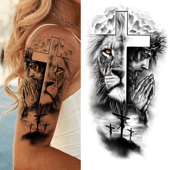 Full Arm Temporary Sleeve For Men Women Realistic Fake Warrior Lion Tiger Flower Sticker Black Totem Maori