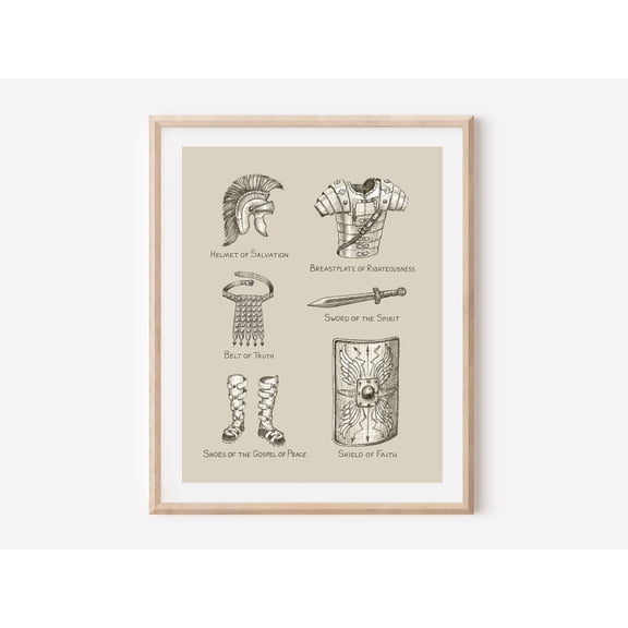 Full Armor of God Christian Minimalist Poster Drawn Artwork Ephesians 6, Unframed Paper Poster 8x10in