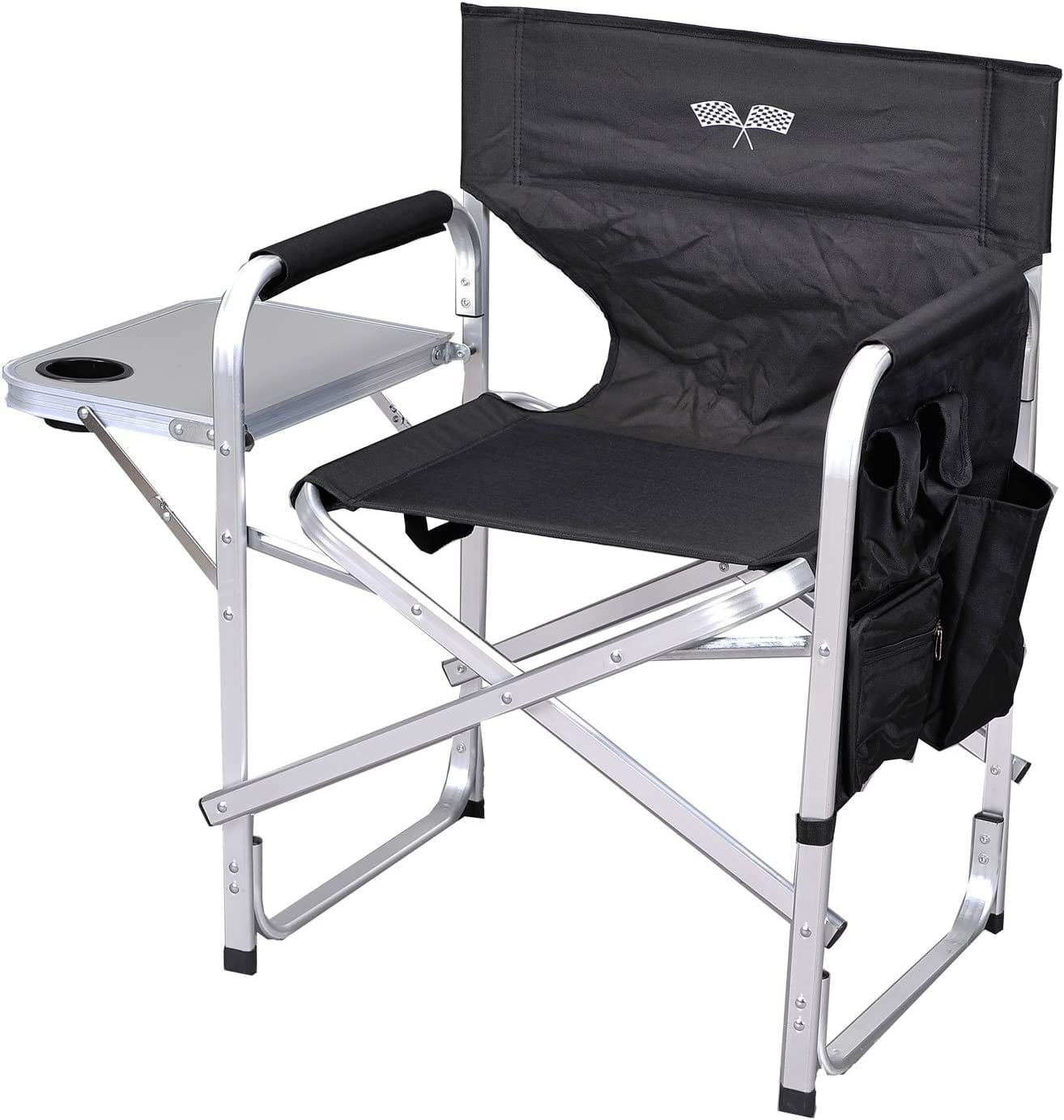Compact Black Aluminum Director's Chair with Cushions and Side Table
