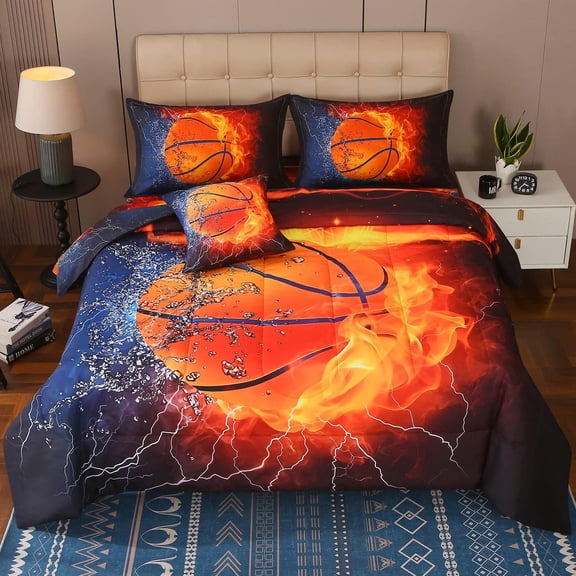 Full Basketball and Fire Comforter Sets for Boys, 6 Piece Bed in A Bag 3D Sport Themed Bedding Set