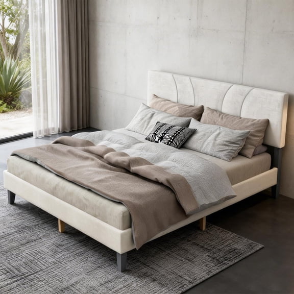 Full Bed Frame with 12 Thickened Legs&Fabric Upholstered Headboard,700 lbs Strong Weight Capacity, Adjustable Headboard, No Box Spring Needed, Easy Assembly, Underbed Storage, Beige