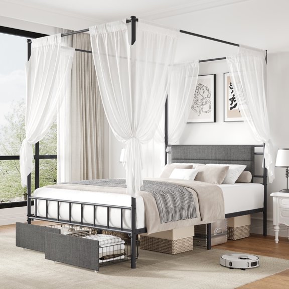 UHOMEPRO Full Size Canopy Bed Frame with 2 Storage Drawers, Metal Platform Bed with Fabric Upholstered Headboard for Bedroom, Canopy Bed Curtain Not Included, No Box Spring Needed, Gray+Black