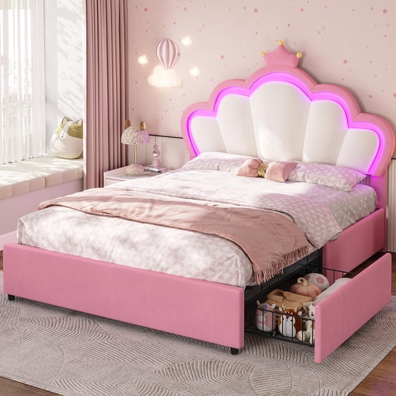 Full Bed Frame with 4 Drawers, LED Lights,Princess Velvet Upholstered Platform Bed for Girls,Adjustable Headboard-Crown,Heavy Steel Slats Support, Pink