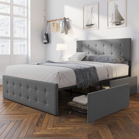 Full Bed Frame with 4 Storage Drawers and Adjustable Lined Headboard, Square Stitched Button Upholstered Mattress Foundation with Wooden Slats Support, No Box Spring Needed