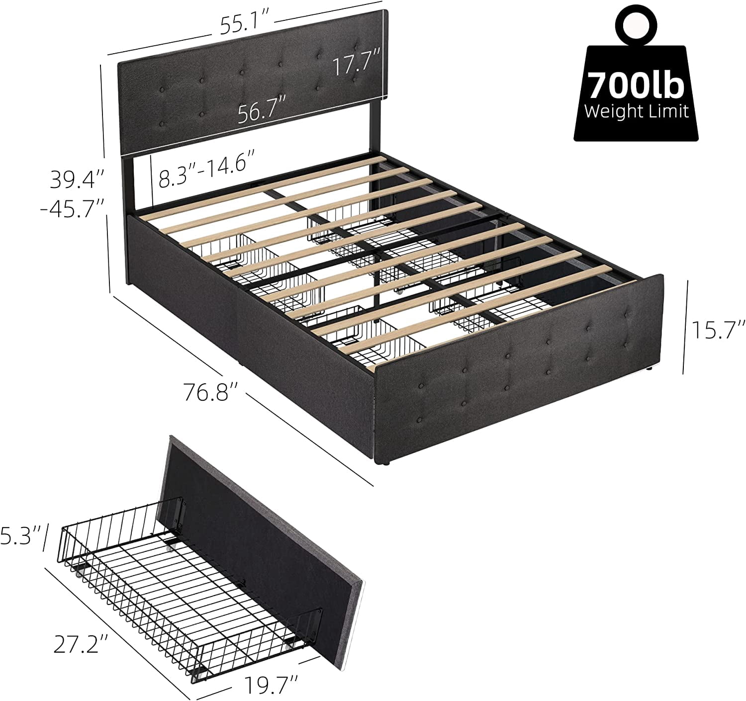 Full Bed Frame with 4 Storage Drawers and Adjustable Lined Headboard ...