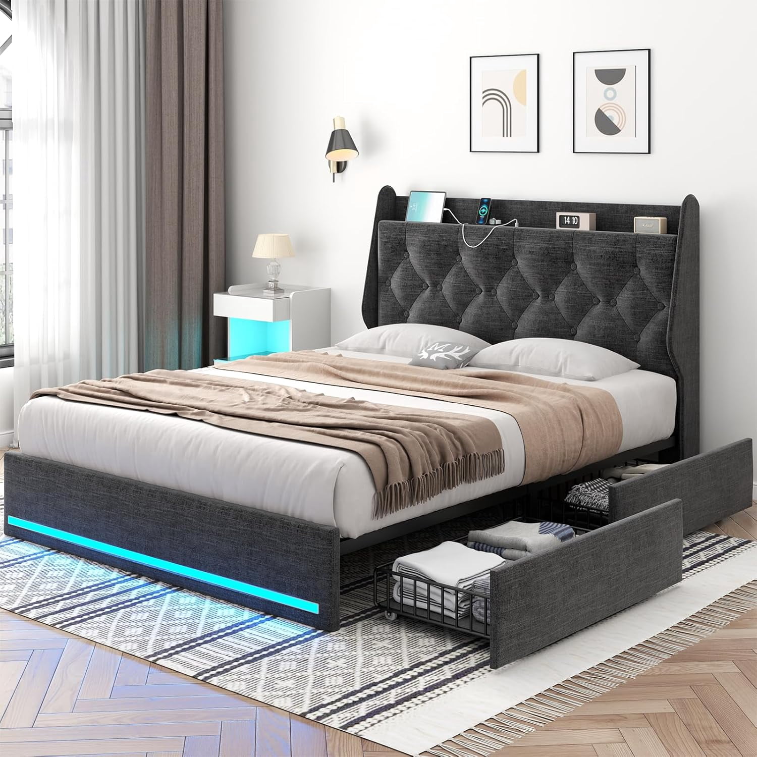 Full Bed Frame with 4 Storage Drawers & Charging Station, Upholstered ...