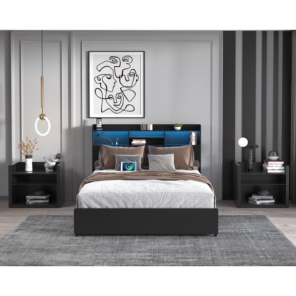 Full Bed Frame with 4 Storage Drawers Full Bed Frame with Headboard and Storage Shelf, Storage Bed with Led and Charging Station, No Noise, No Box Springs Needed, Black