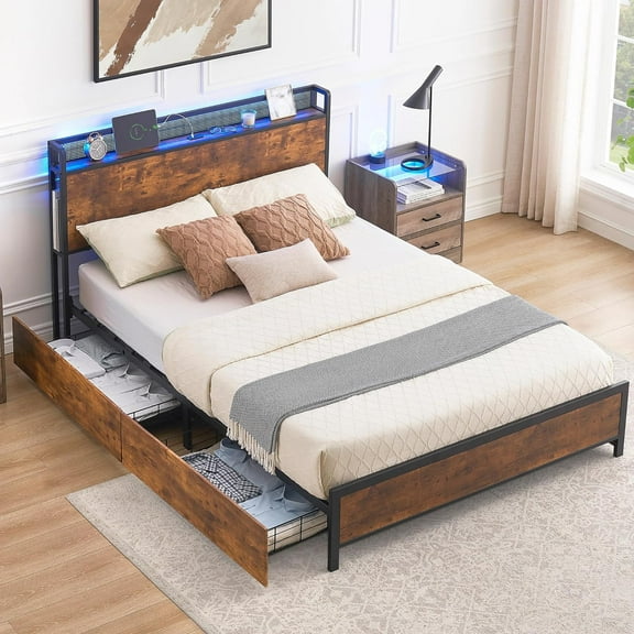 Full Bed Frame with 4 Storage Drawers,Full Platform Bed Frame with Storage Headboard,Led Bed Frame with Charging Station, Strong Wood Support Slats, No Box Spring Needed,Vintage Brown