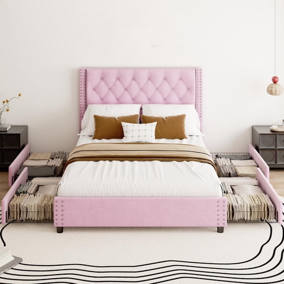 Full Bed Frame with 4 Storage Drawers, Pink Full Size Bed Frame with Headboard, Mattress Foundation Upholstered Bed Frame with Wood Slat Support, No Spring Box Needed