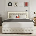thumbnail image 1 of Full Bed Frame with 4 Storage Drawers, Upholstered Platform Bed Frame with Type-C & USB Ports, Adjustable Button Tufted Headboard, Mattress Foundation with Slats Support, No Box Spring Needed, Beige, 1 of 8