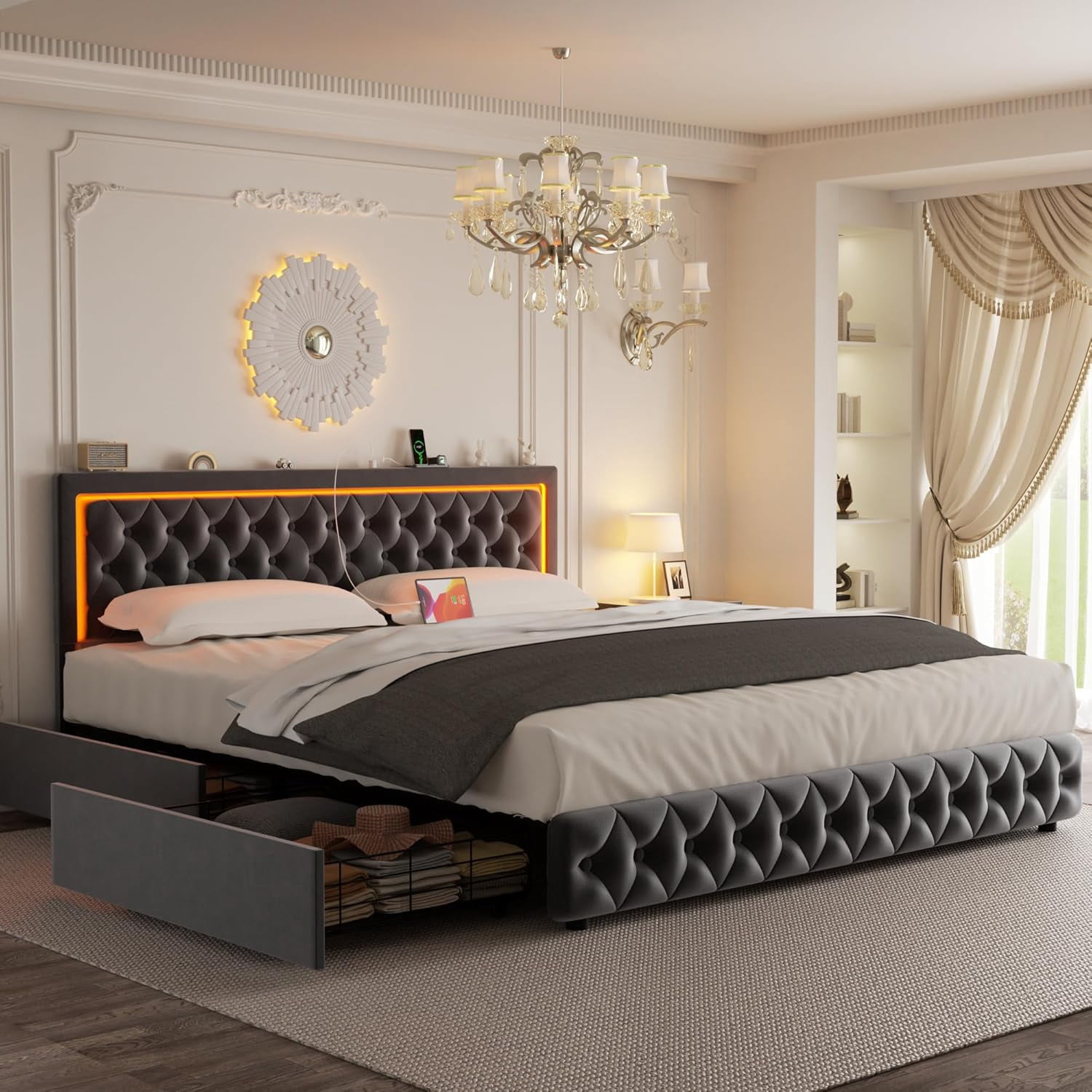Full Bed Frame with 4 Storage Drawers, Upholstered Platform Bed Frame with Type-C & USB Ports, Adjustable Button Tufted Headboard, Mattress Foundation with Slats Support, No Box Spring Needed, Gray