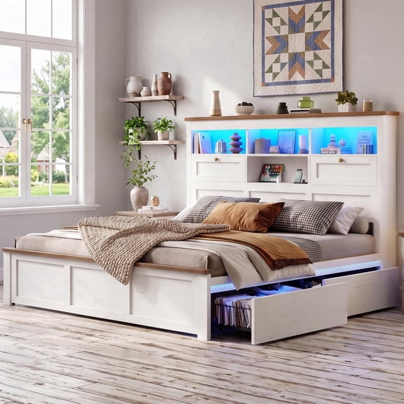 Full Bed Frame with Bookcase Headboard and Storage–Farmhouse Wooden Platform Bed with Charging Station, LED Lights & 4 Drawers, No Box Spring Needed White & Brown