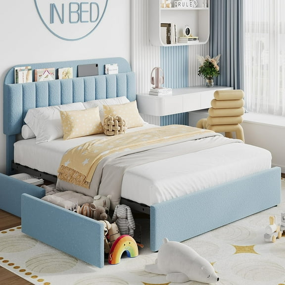 Full Bed Frame, Boucle Upholstered Platform Bed Frame with Storage Headboard & 2 Flexible Drawers, Easy Assembly, No Box Spring Needed for Teens, Adults
