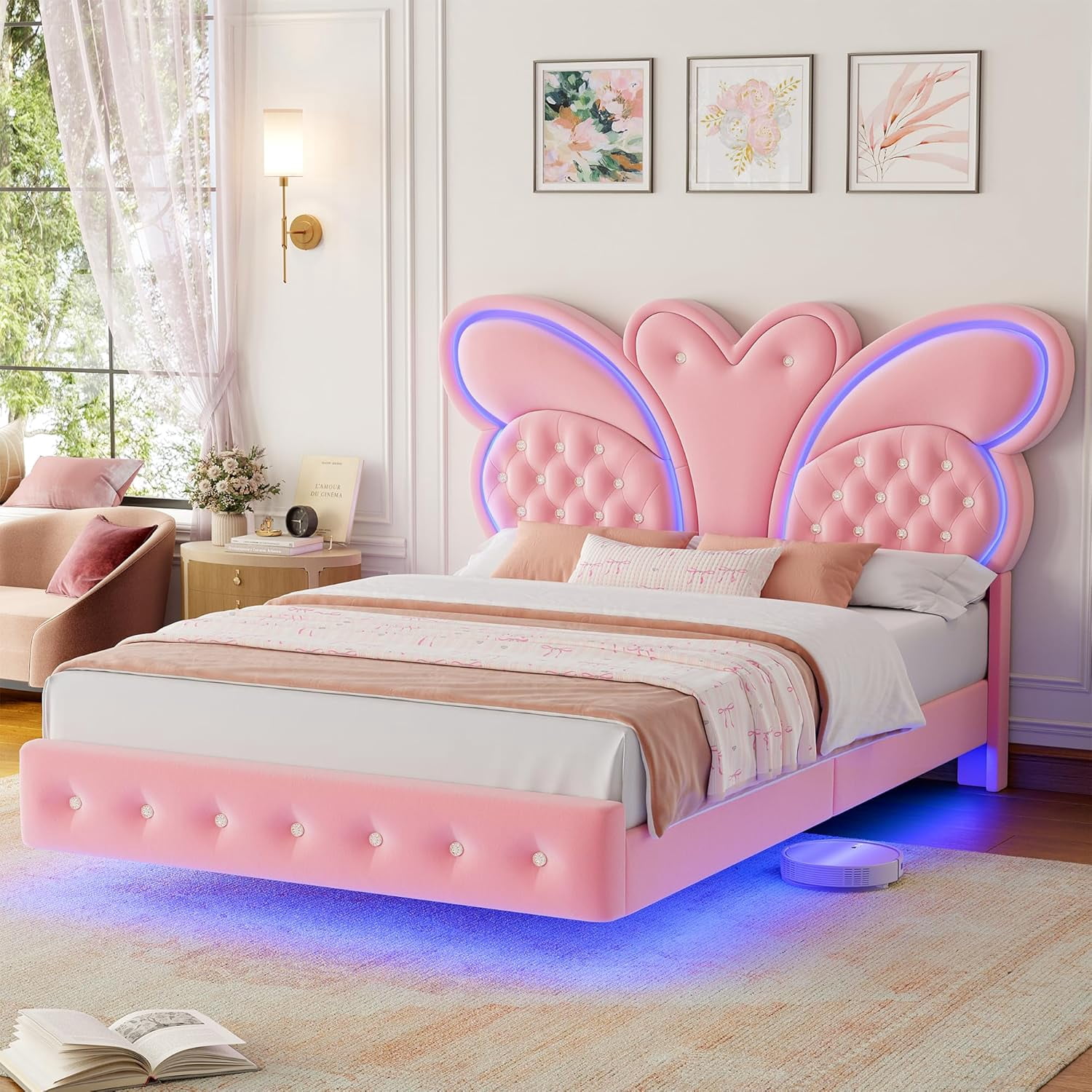 Full Bed Frame Butterfly-Pattern Upholstered Headboard, Modern Floating ...