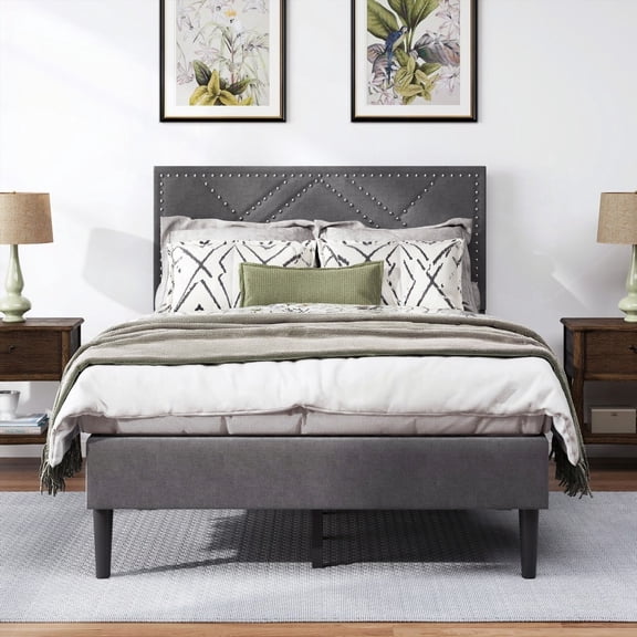 Full Bed Frame (Carbon Gray) - Sturdy & Noiseless, Linen Storage Headboard & Under Bed Storage, No Box Spring