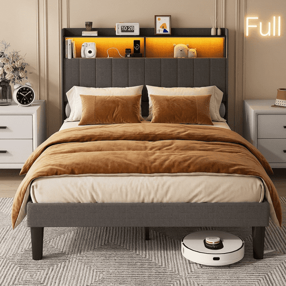 Full Upholstered Platform Bed Frame with RGB LED Ambiance Light & USB Charging Port, Storage Headboard Reinforced Support Design, Beige