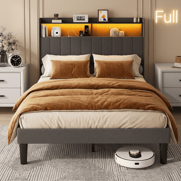 Full Upholstered Platform Bed Frame with RGB LED Ambiance Light & USB Charging Port, Storage Headboard Reinforced Support Design, Beige