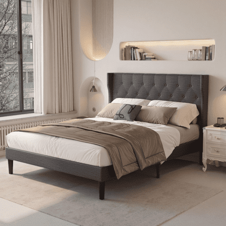 Full Size Bed Frame with Plush Button Tufted Headboard, Under Bed Storage & Silent Slats - No Box Spring Needed, Dark Gray