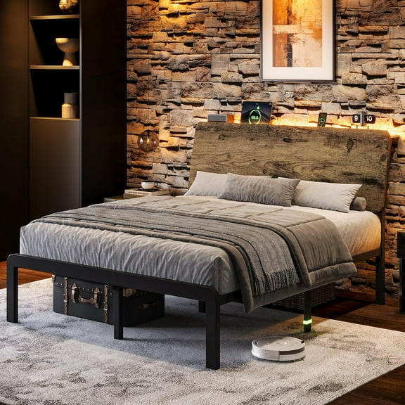 Full Bed Frame with Ergonomic Wooden Storage Headboard, LED Bed Frame with Charging Station, 12" UnderBed Storage, Heavy-Duty Metal Base, No Box Spring Needed, Easy Assembly, Vintage Brown